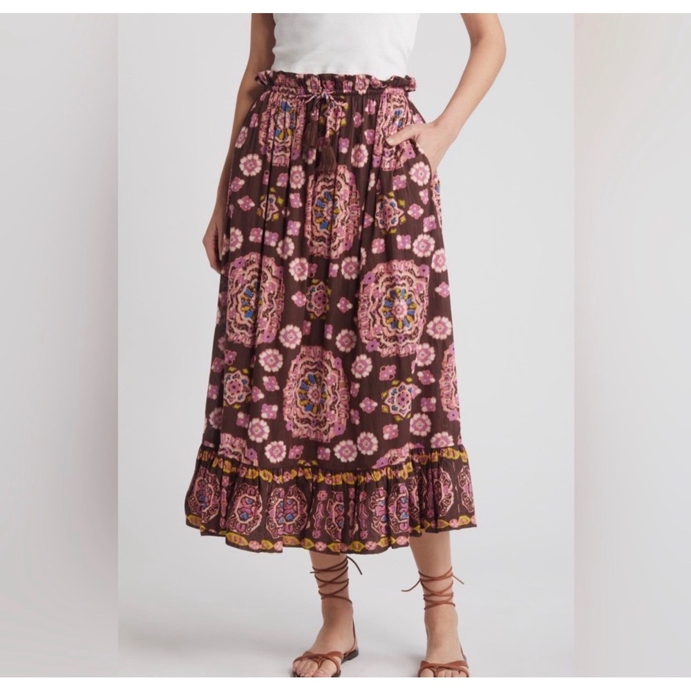 Cleobella Casey Organic Cotton Tiered Midi Skirt in Avalon Print XS NEW! Boho